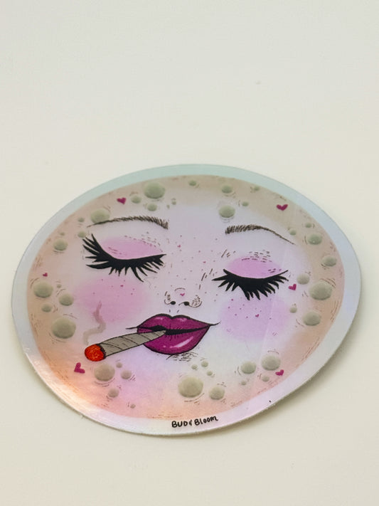 Holographic Smoking Moon Vinyl Sticker | Whimsical Celestial Moon Art