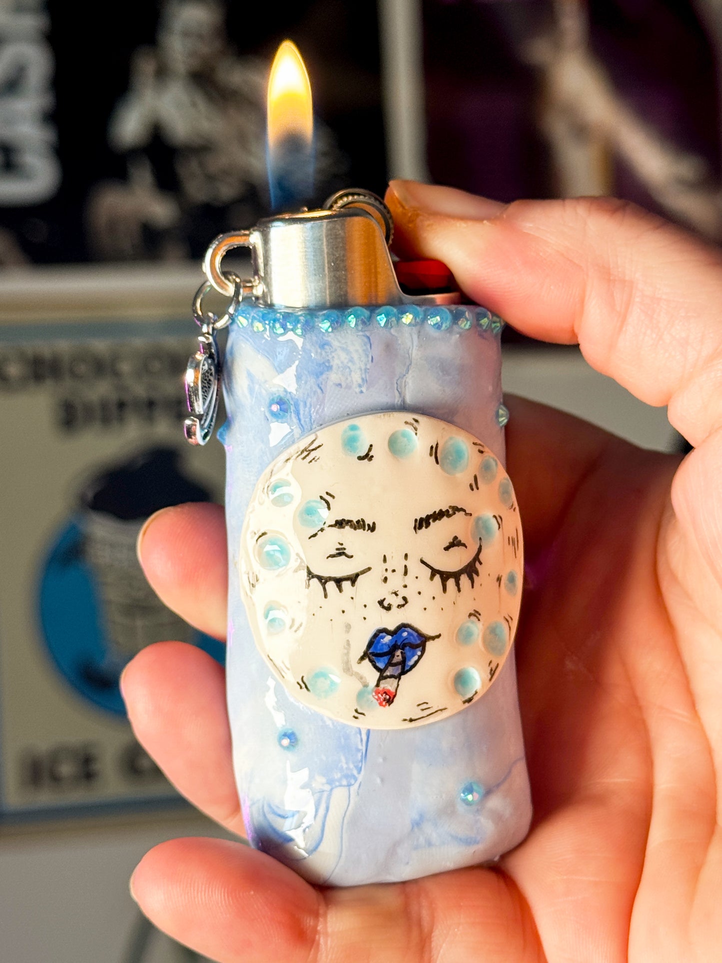 Smoking Blue Moon Lighter Case w/ charm | Fits Standard Bic | Handmade Polymer Clay Art