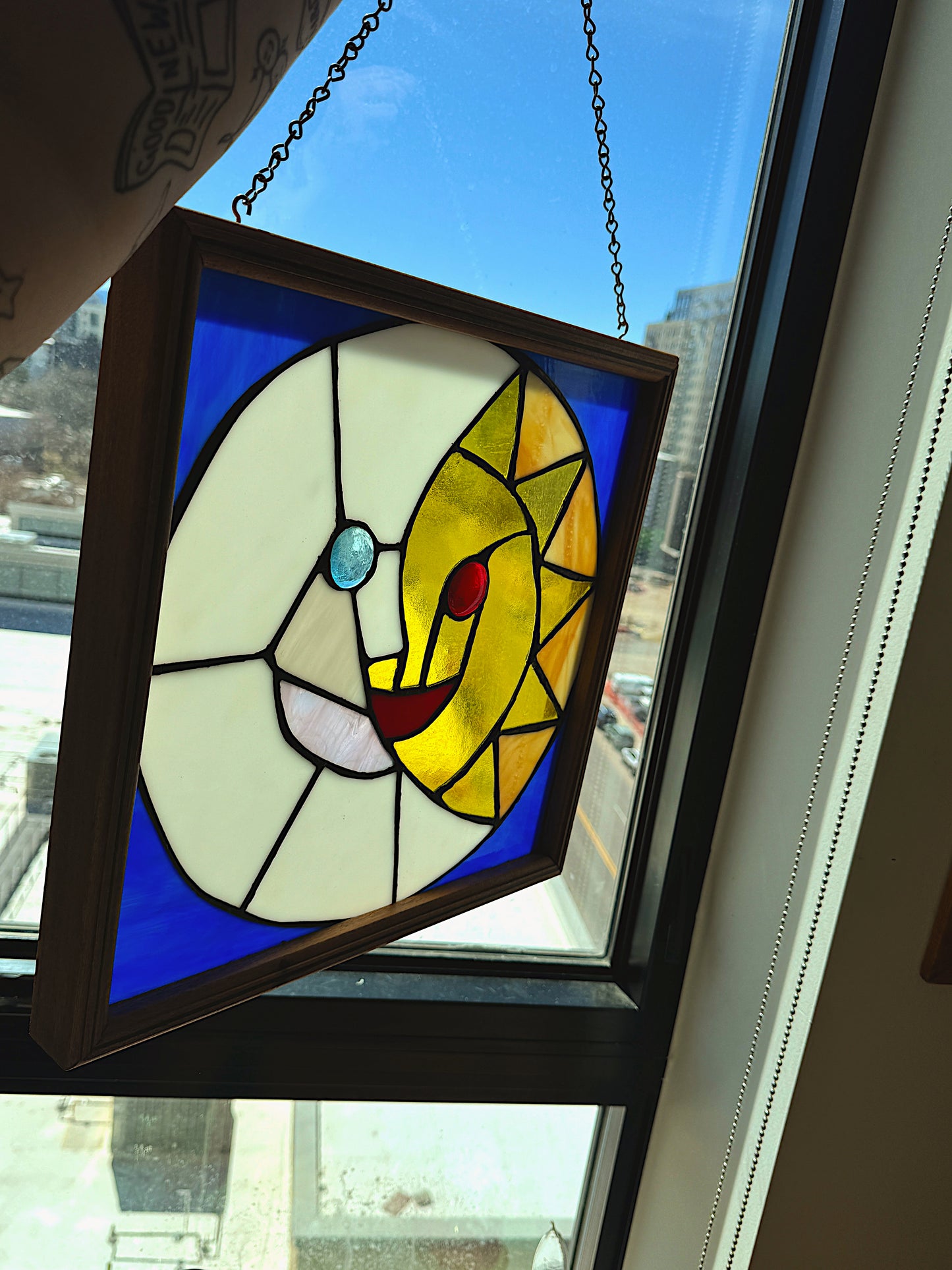 Vintage 15" Celestial Sun and Moon Stained Glass Window Panel - Heavy Leaded Glass