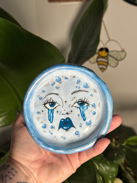 Sad Girl Moon Trinket Dish | Blue Celestial Ring Dish | Handmade (5.5”)
