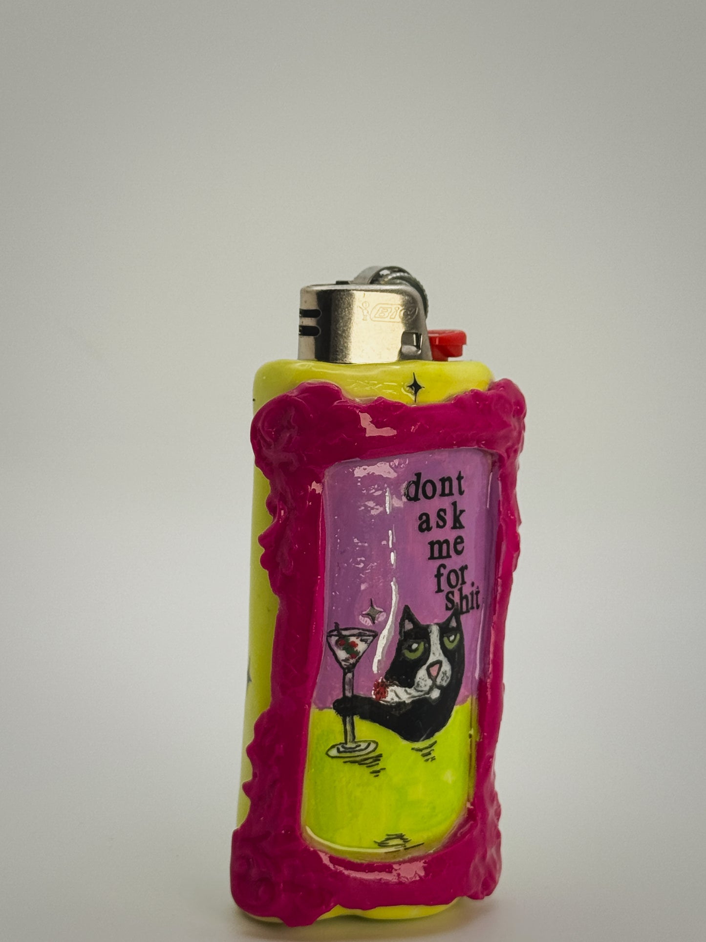 Martini Cat Lighter Case| Fits Standard Bic | Handmade Polymer Clay Art
