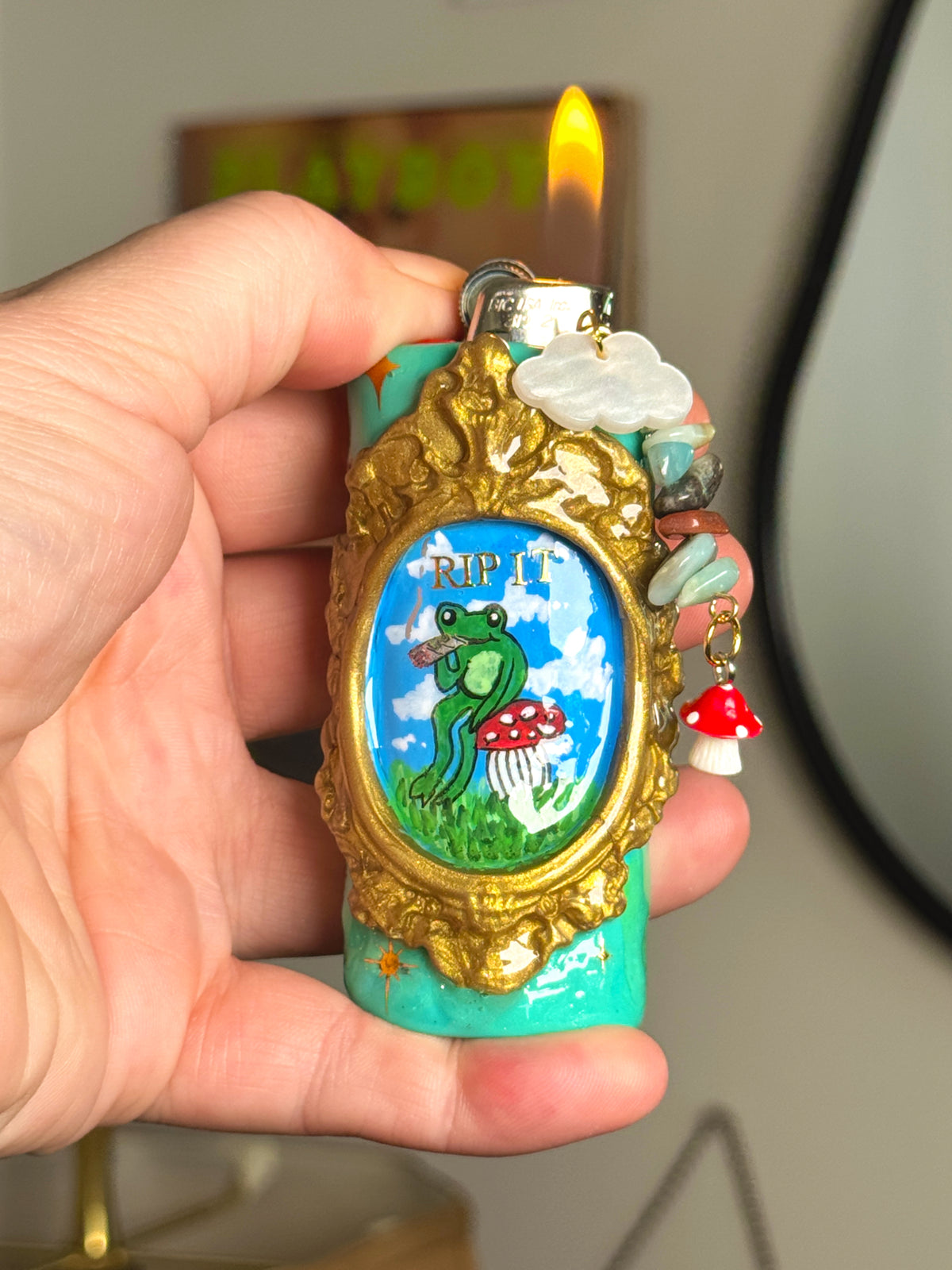 Rip It Frog Lighter Case with charm| Fits Standard Bic | Handmade Polymer Clay Art