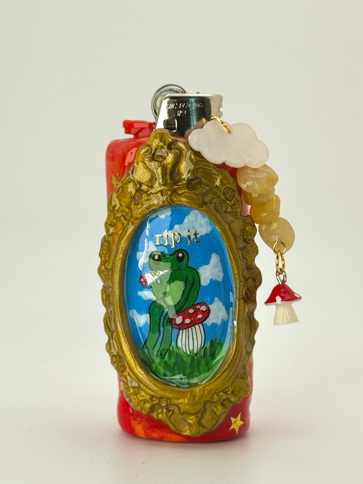Rip It Frog Lighter Case with charm| Fits Standard Bic | Handmade Polymer Clay Art
