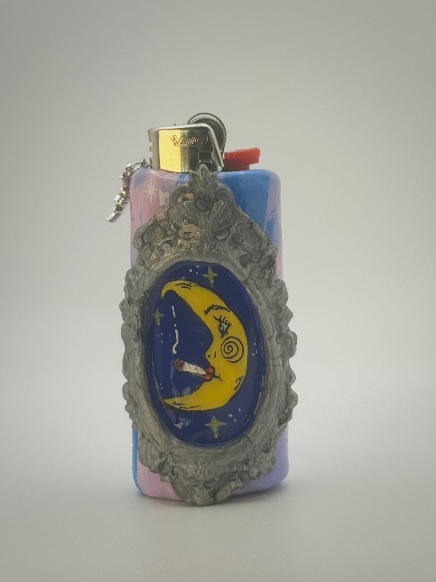 Smoking Moon Lighter Case with charm| Fits Standard Bic | Handmade Polymer Clay Art