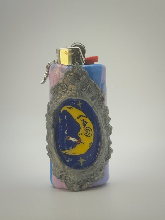 Smoking Moon Lighter Case with charm| Fits Standard Bic | Handmade Polymer Clay Art