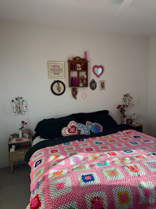 Vintage Hand-Crocheted Granny Square Blanket – Pink Patchwork Throw (82” x 82”)