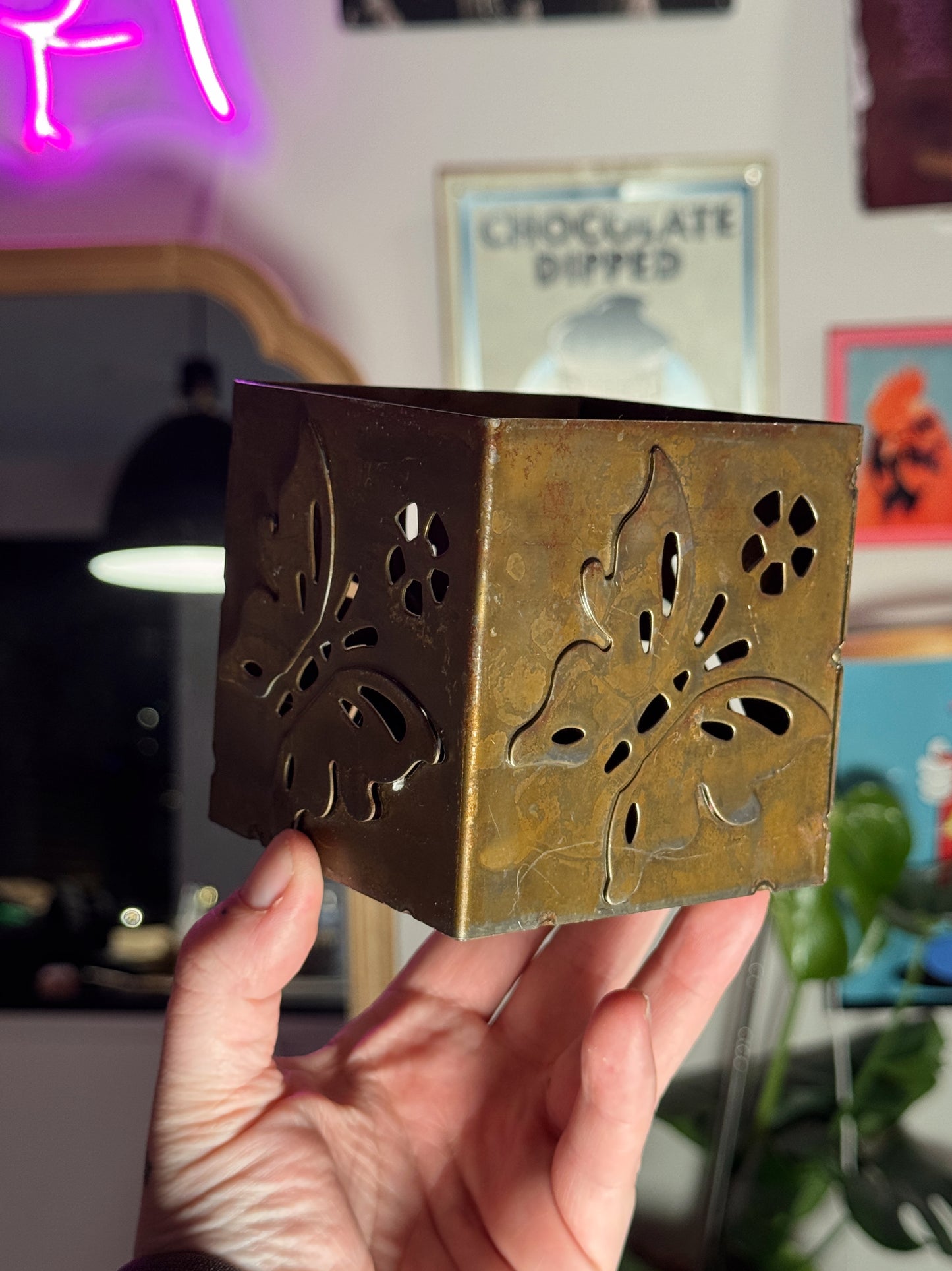 Vintage Brass Butterfly Votive Candle Holder | Pierced Metal | 3.5” Square