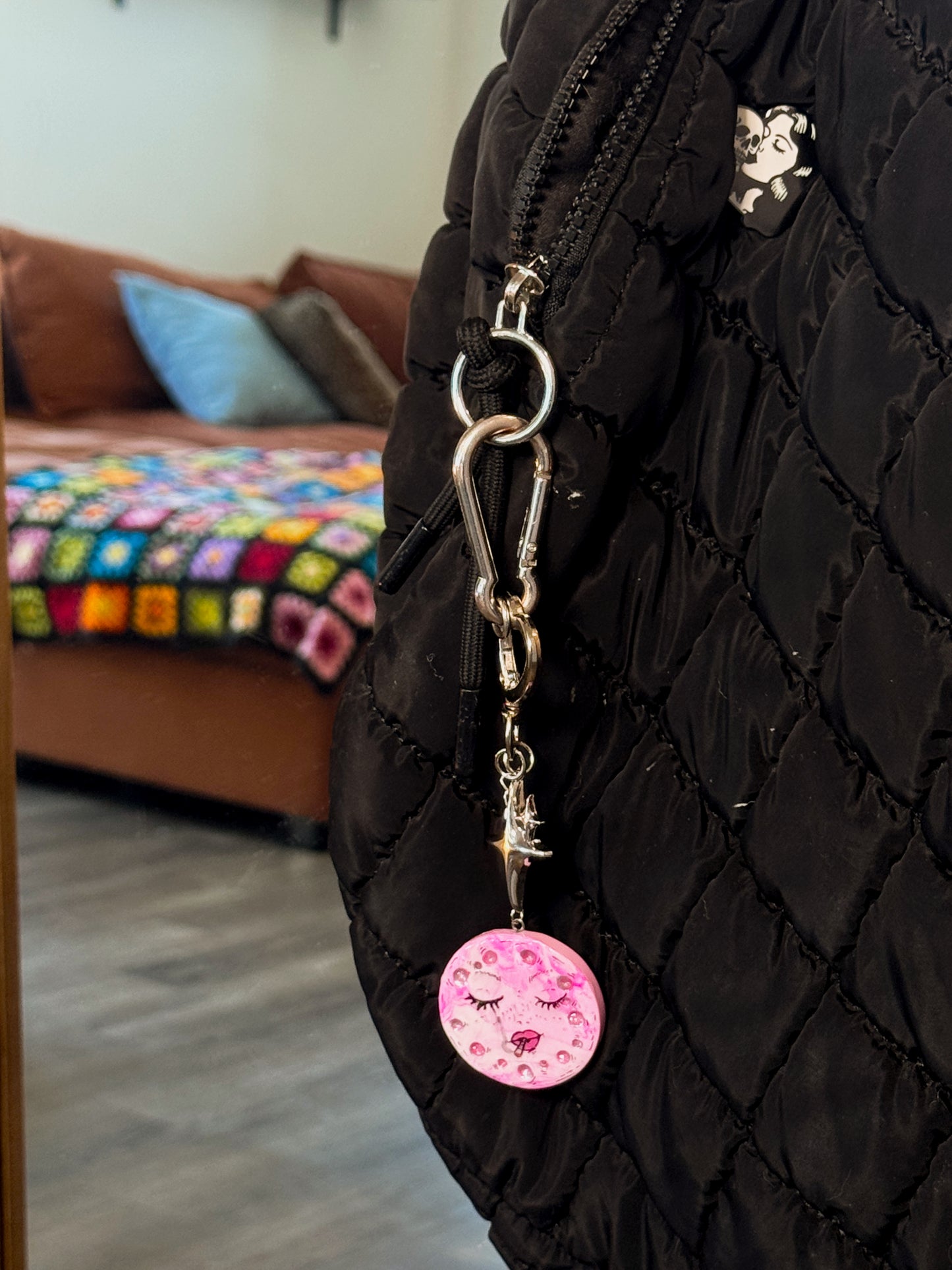 Smoking Moon Keychain – Hand-Painted Polymer Clay Celestial Bag Charm