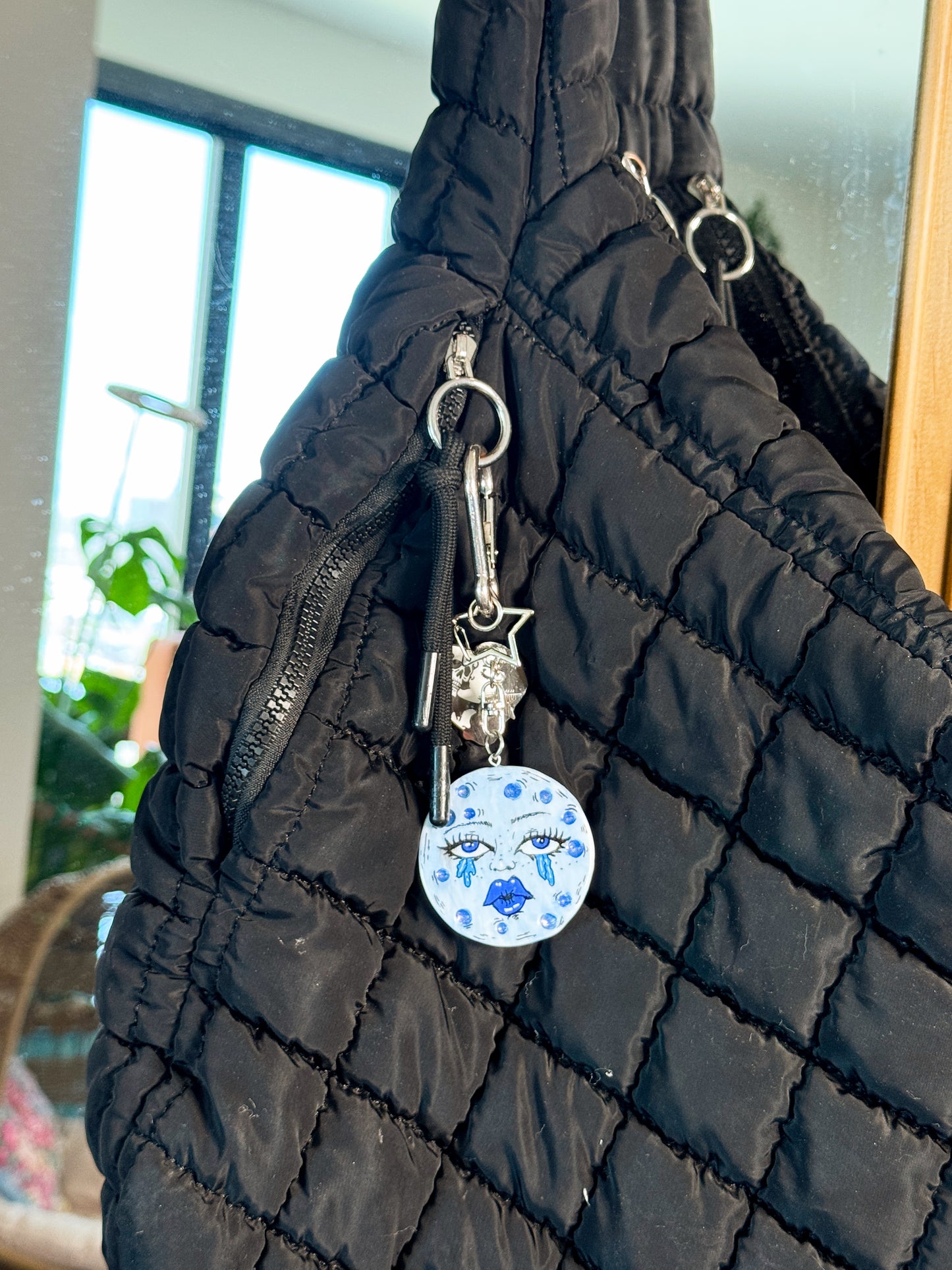 Sad Girl Moon Keychain – Polymer Clay Bag Charm – Hand Painted Celestial Moon Charm