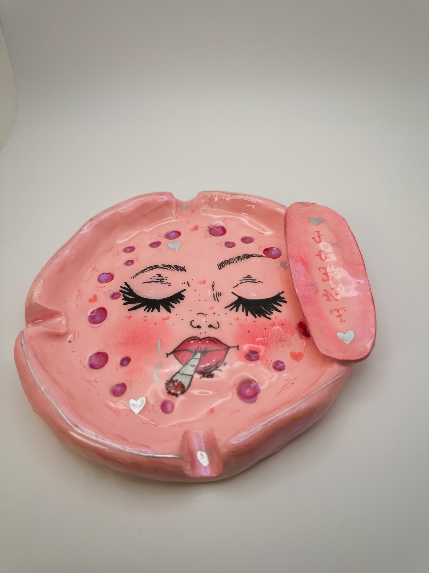 Pink Smoking Moon Ashtray – Hand-Painted Celestial Moon Dish (6”)