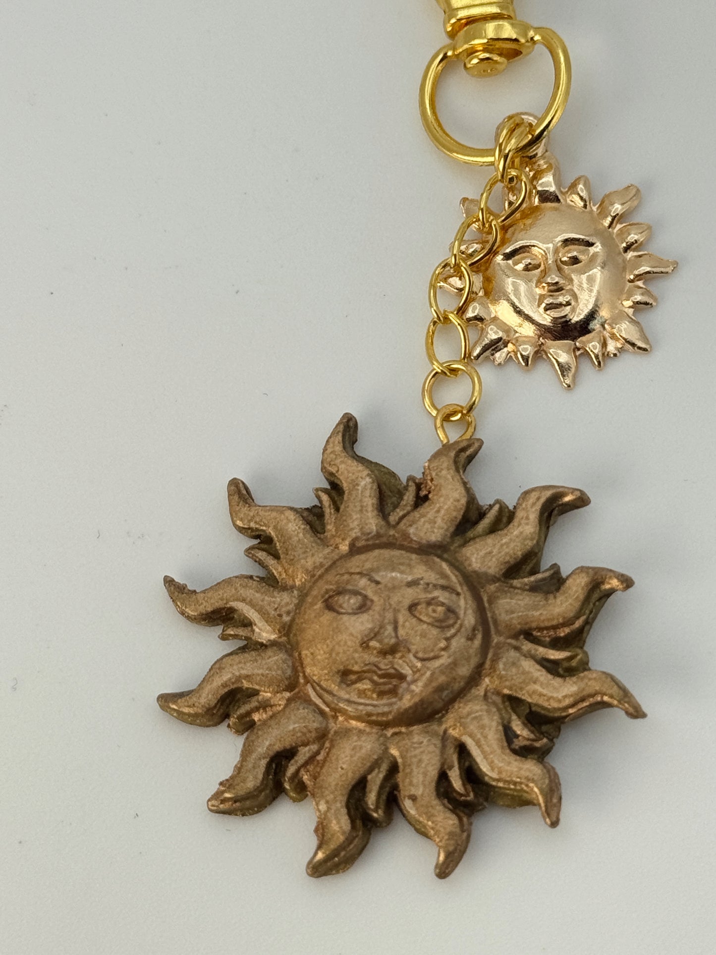 Golden Celestial Sun Bag Charm – Handmade Polymer Clay Keychain