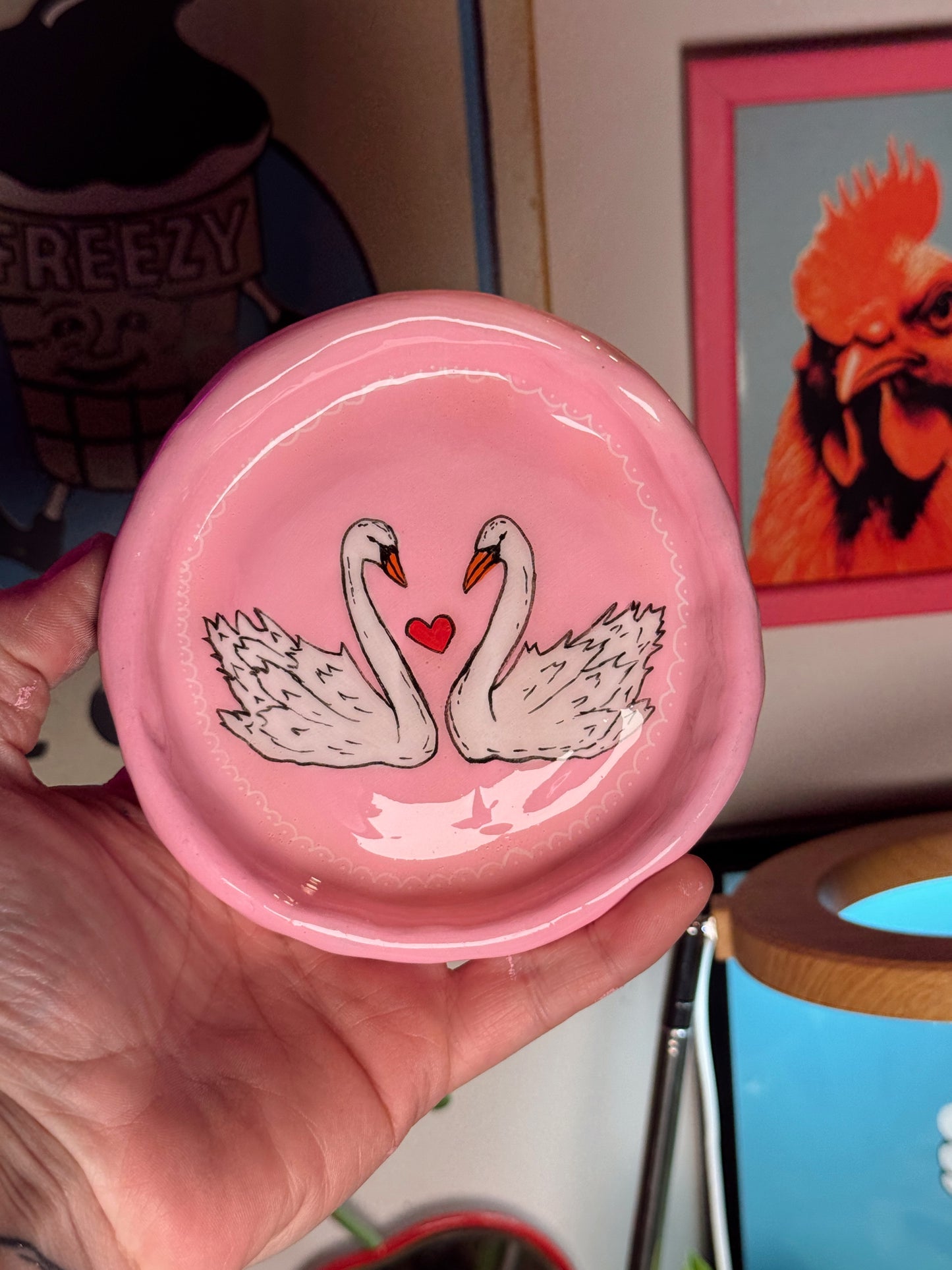 Pink Swan Love Trinket Dish – Hand-Painted Polymer Clay Jewelry Catchall (4.5”)
