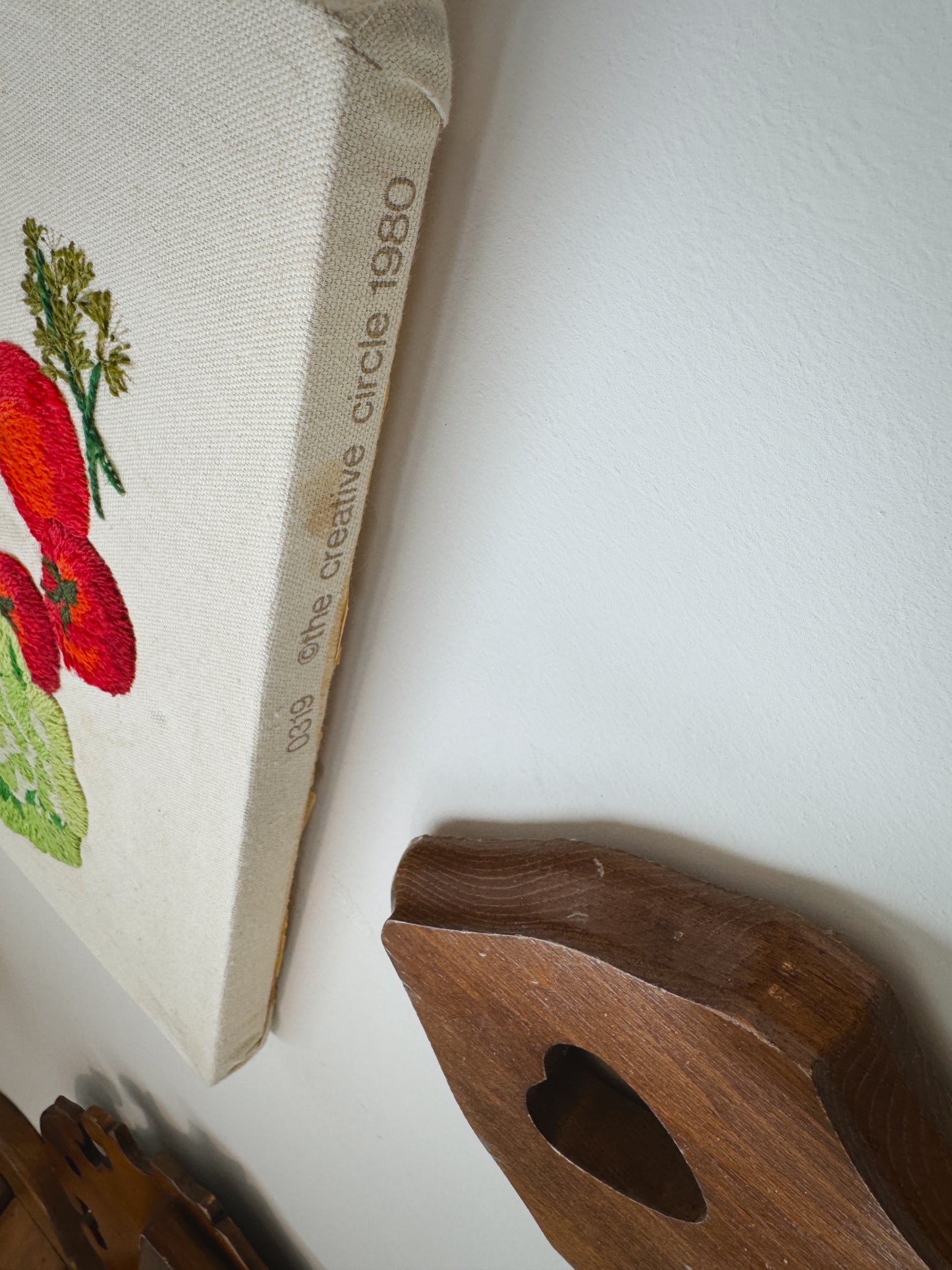 1980 Creative Circle Completed Crewel – "Vegetable Basket" Harvest Wall Art