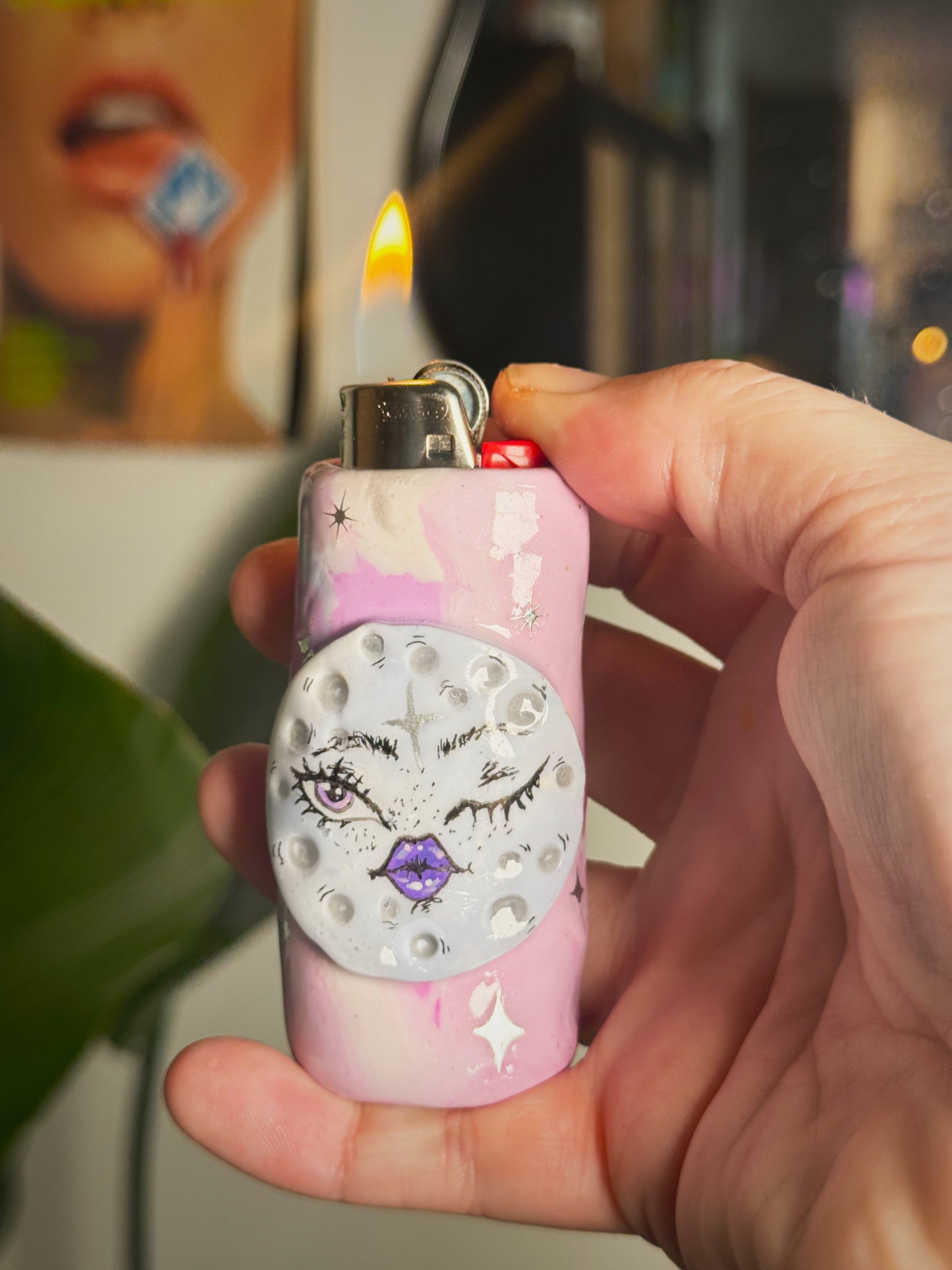 Winking Moon Lighter Case| Fits Standard Bic | Handmade Polymer Clay Art