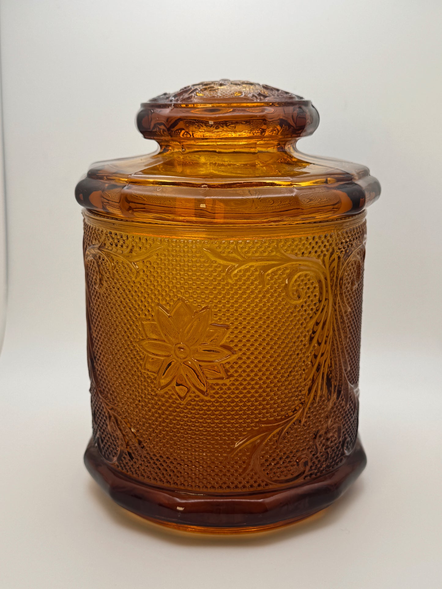 Vintage Amber Glass Lidded Canister Jar • Floral Pressed Glass • Heavy Indiana-Style Storage Jar