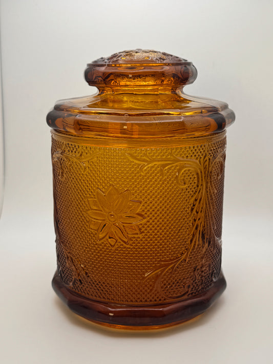 Vintage Amber Glass Lidded Canister Jar • Floral Pressed Glass • Heavy Indiana-Style Storage Jar