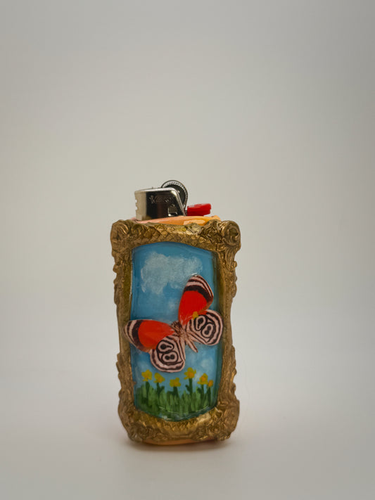 Vintage Framed Butterfly Lighter Case| Fits Standard Bic | Handmade Polymer Clay Art