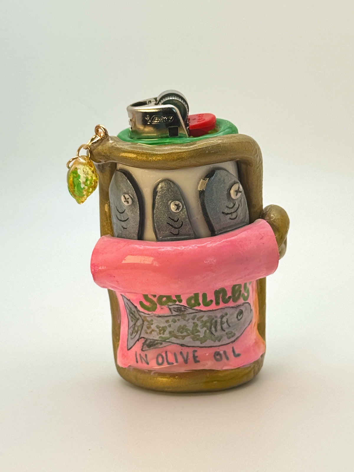 Sardines Tin Case with charm| Fits Standard Bic | Handmade Polymer Clay Art