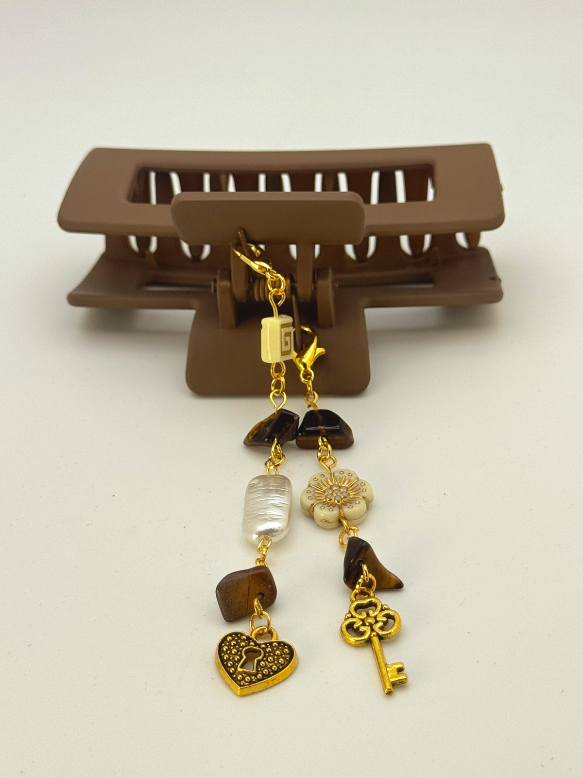 Brown Medium Claw Clip with Handmade Beaded Charms | Removable Charm Clip | 3.1”