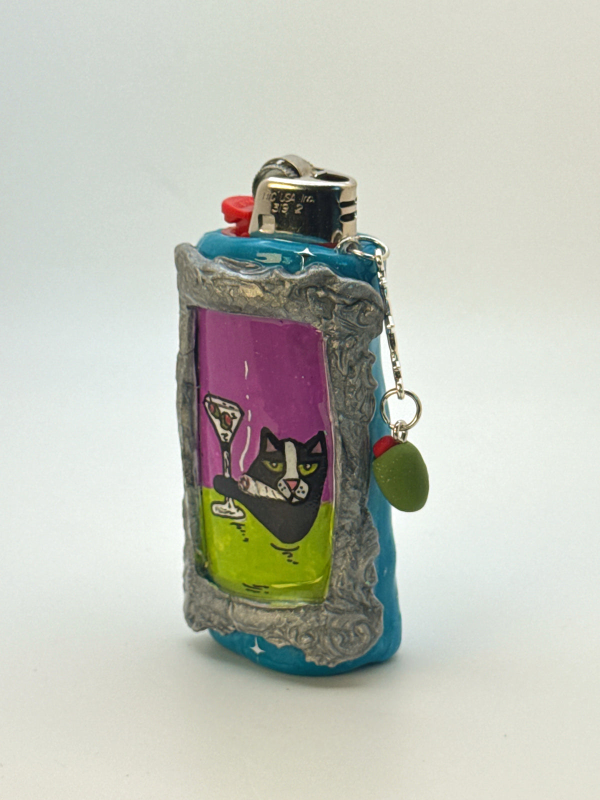 Vintage Frame Martini Kitty Case with charm| Fits Standard Bic | Handmade Polymer Clay Art