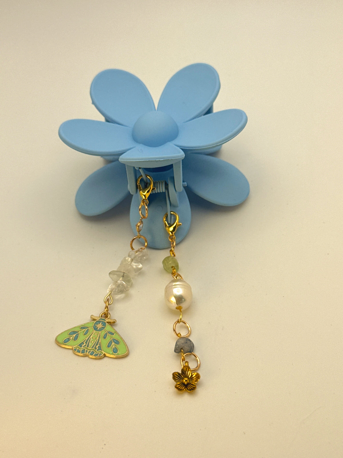 Blue Flower Medium Claw Clip with Handmade Beaded Charms | Removable Charm Clip | 3.1”