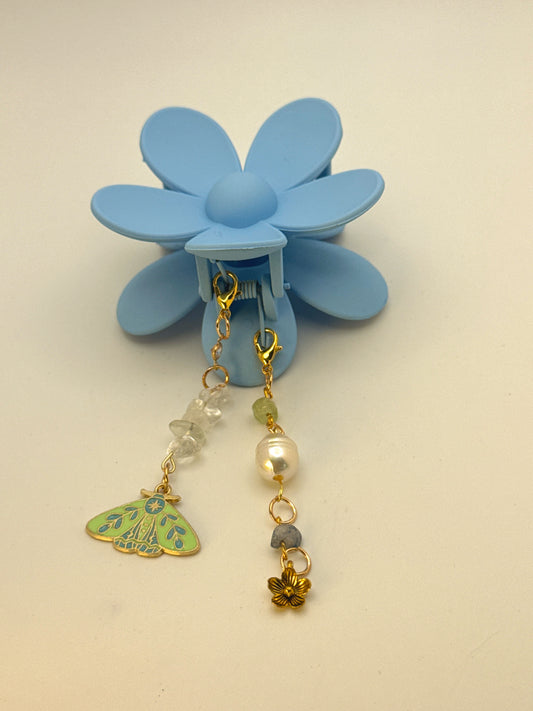 Blue Flower Medium Claw Clip with Handmade Beaded Charms | Removable Charm Clip | 3.1”
