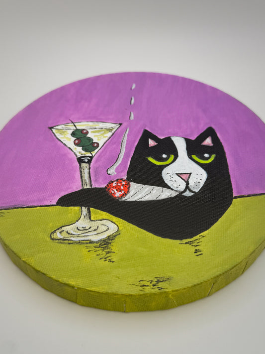 Dirty Martini Cat – Original Acrylic Painting on Round Canvas (6”)