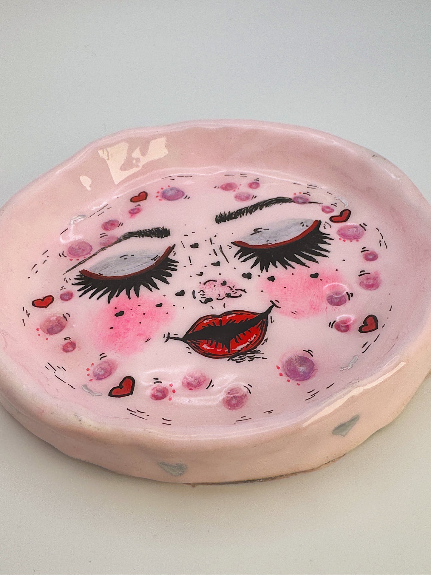 Blushing Moon Trinket Dish – Handmade Polymer Clay Pink Moon Dish with Heart Freckles