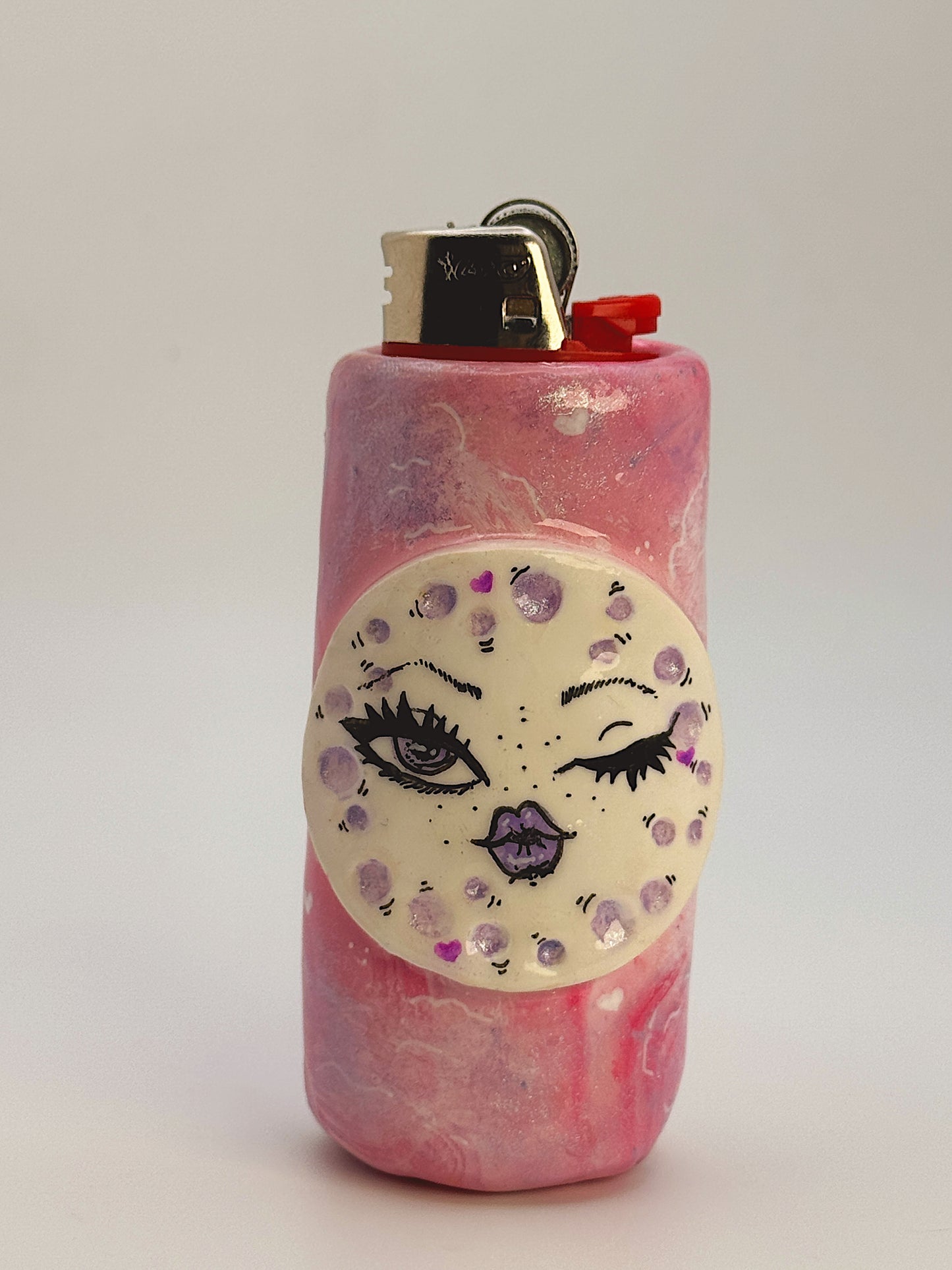 Winking Moon Lighter Case – Handmade Pink Celestial Polymer Clay Cover