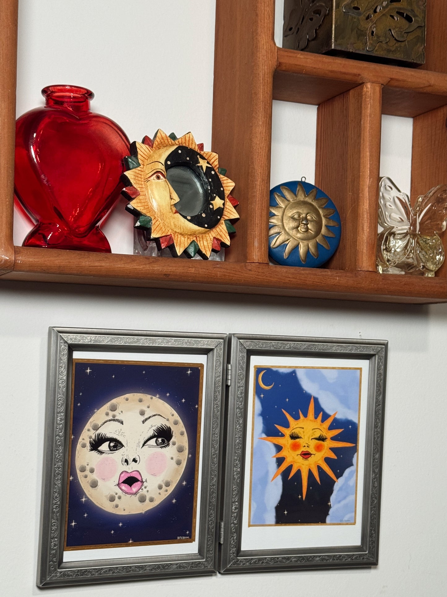 Vintage Hinged Double Frame with Sun & Moon Art Prints – Celestial Wall or Table/Shelf Display