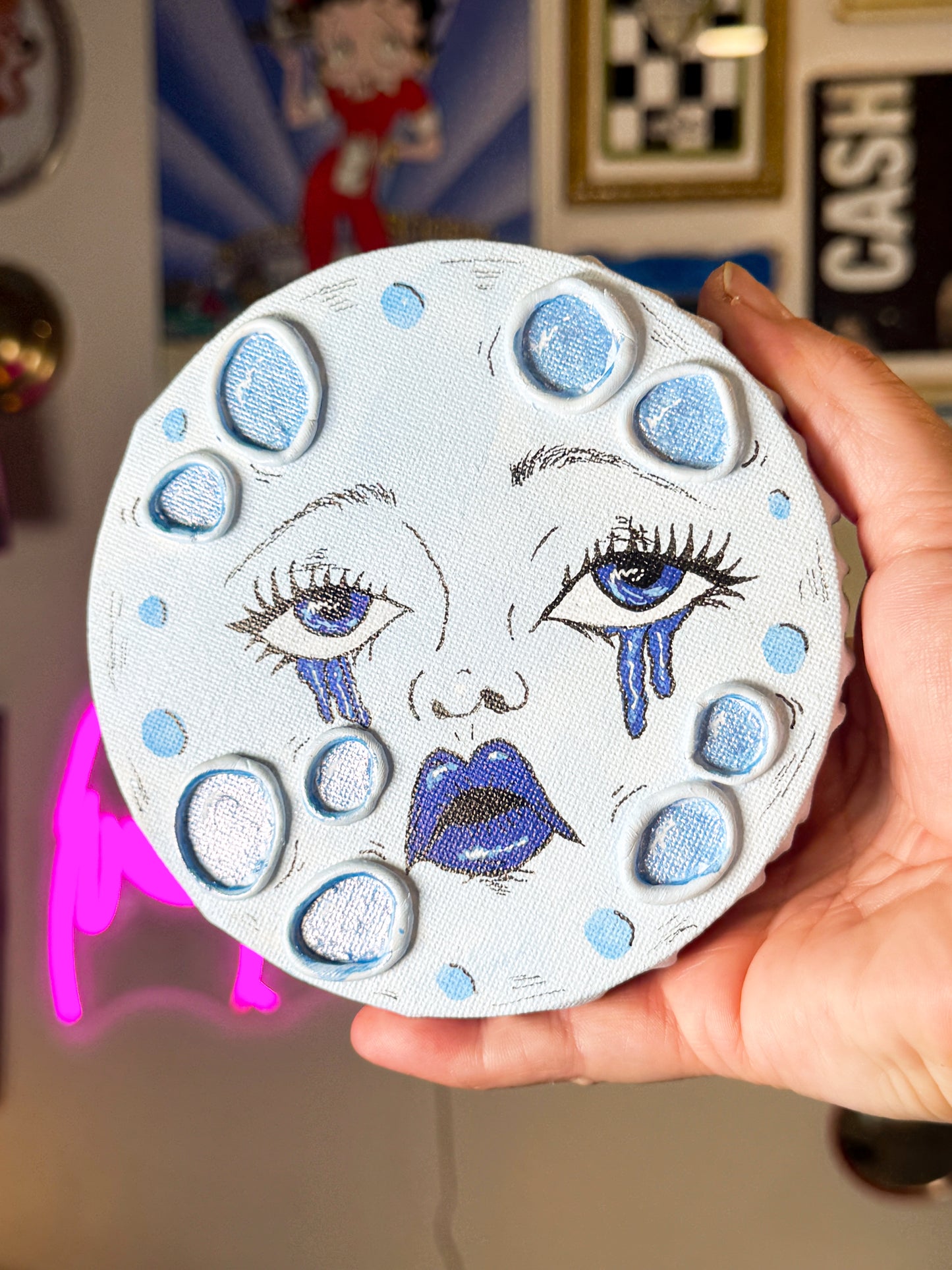Sad Girl Moon – Hand-Painted Moon Face Wall Art (5” Textured Canvas)