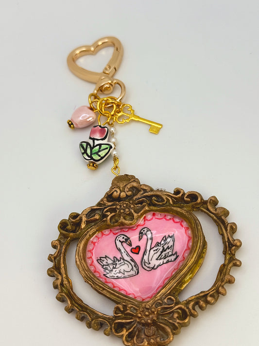 Vintage Heart Swan Bag Charm – Ornate Frame Keychain with Handmade Details