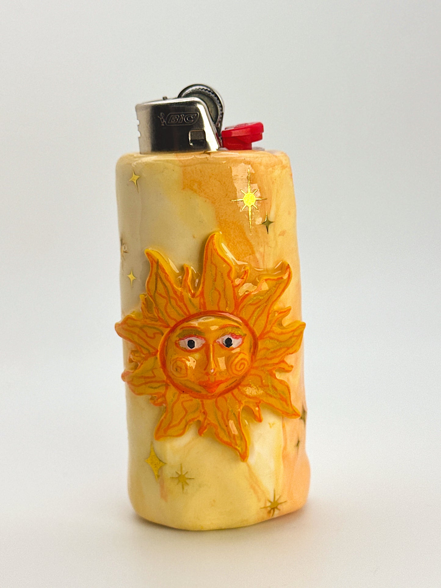 Miss Sunny Celestial Lighter Case – Handcrafted Moon Face Art Lighter Cover