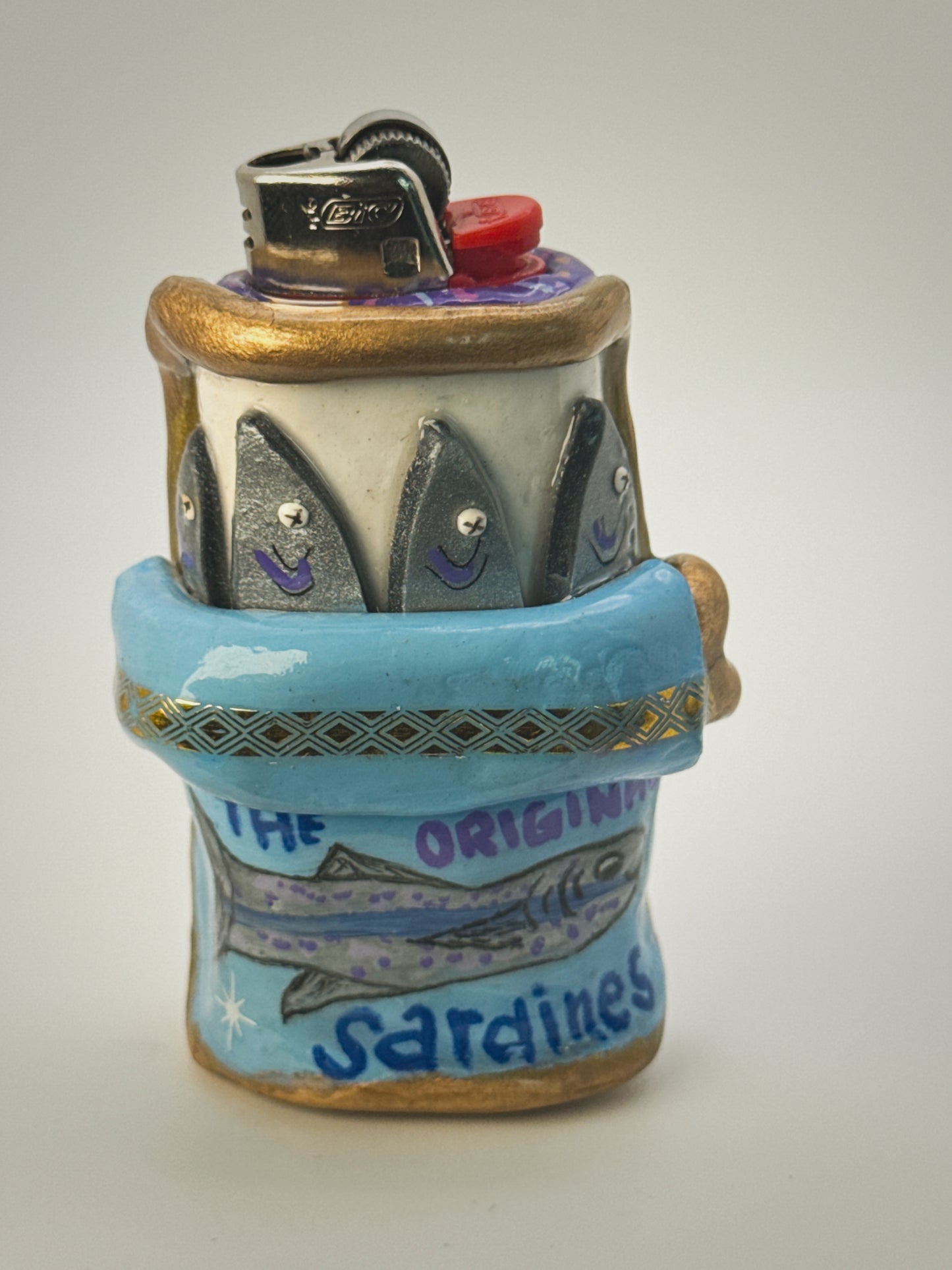 Sardine Tin Lighter Case| Fits Standard Bic | Handmade Polymer Clay Art