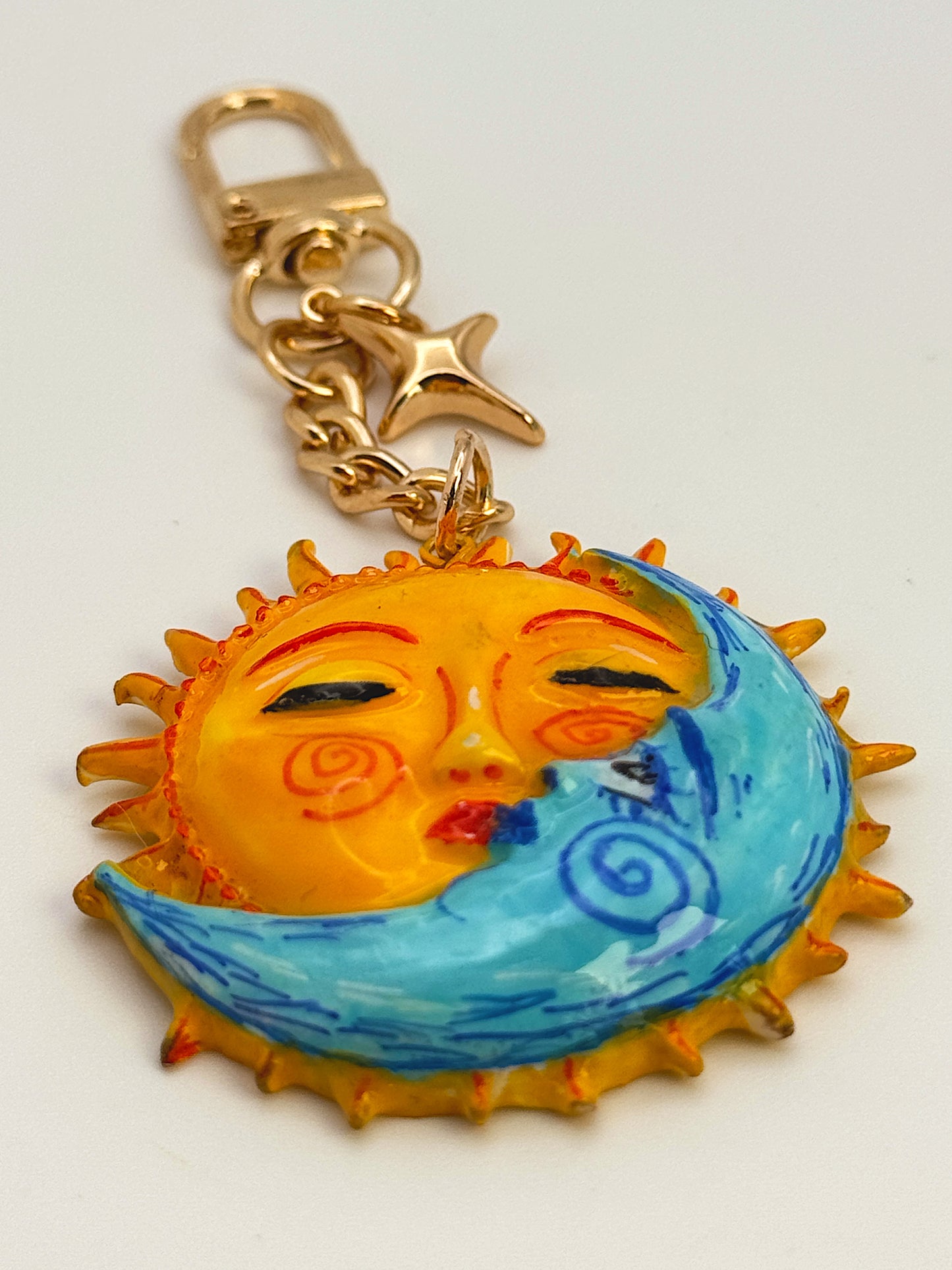 Sun & Moon Bag Charm – Hand-Painted Celestial Keychain with Gold Hardware