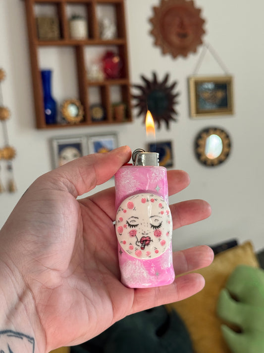 Handmade Smoking Moon Polymer Clay Lighter Case – Pink Celestial Bic Cover