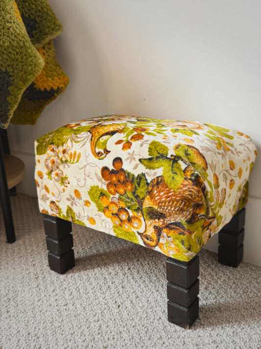Vintage 1970s Velvet Tapestry Footstool – Retro Harvest Pattern Stool