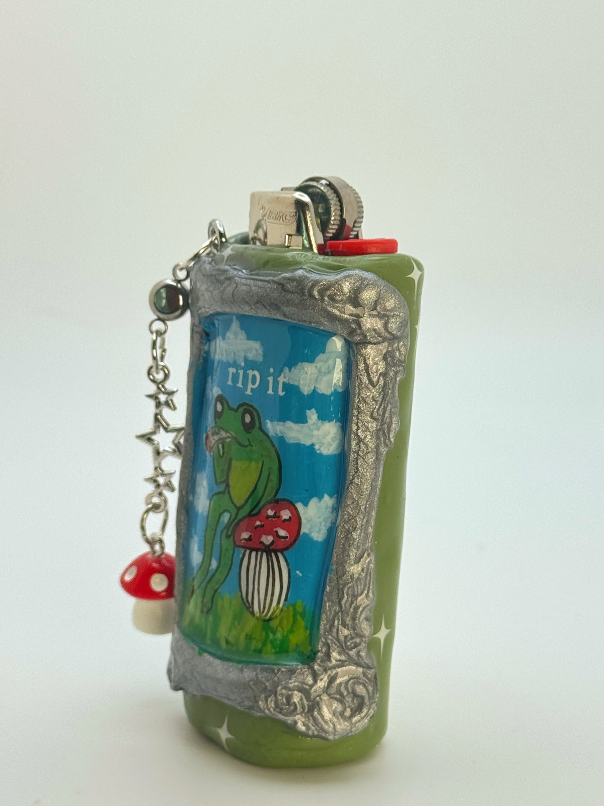 Vintage Frame Rip It Frog Case with charm| Fits Standard Bic | Handmade Polymer Clay Art