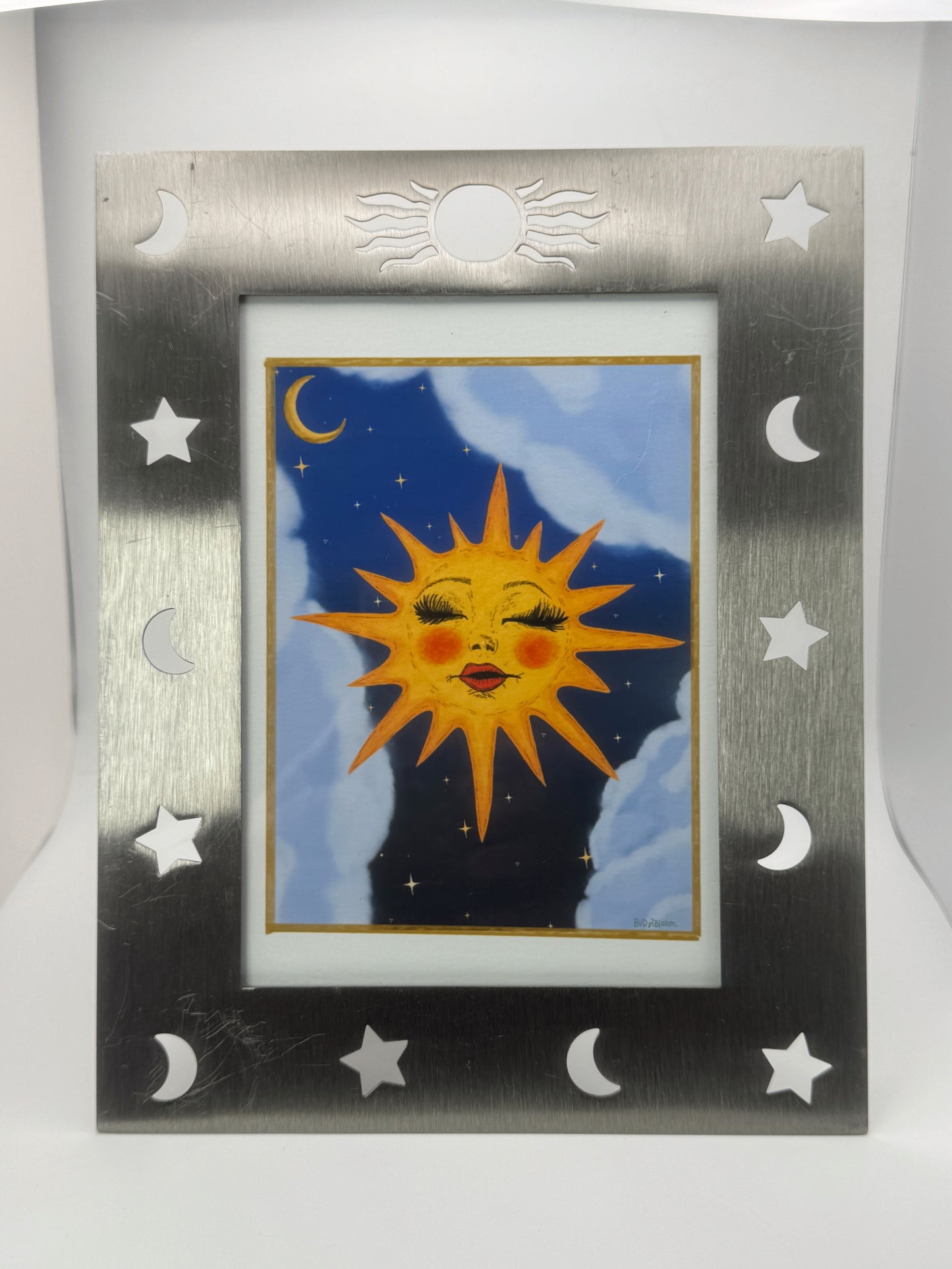 Miss Sunny 5x7 Art Print in Vintage Celestial Silver Moon & Star Metal Frame | Framed Sun Face Wall Art
