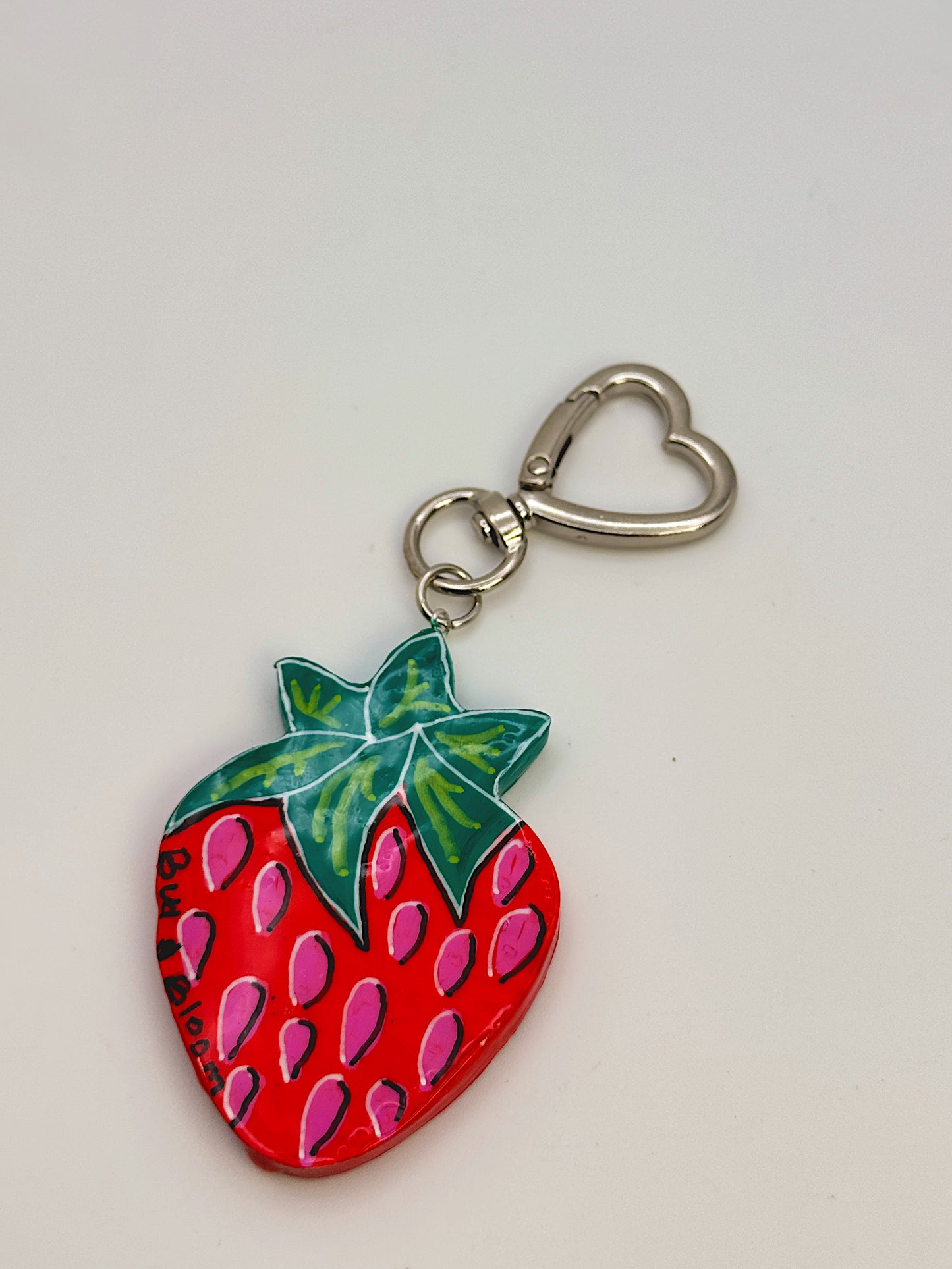 Winking Strawberry Bag Charm – Hand-Painted Strawberry Keychain with Heart Clip