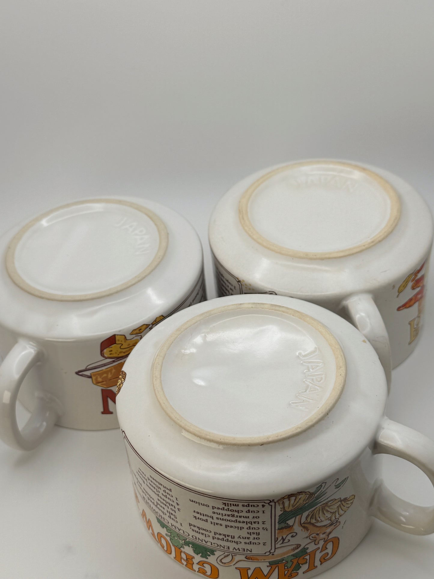 Vintage 1970s Recipe Soup Mug Set – Made in Japan – Clam Chowder, Split Pea & French Onion