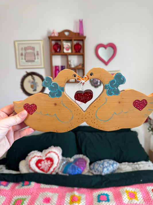 Vintage 1984 Hand-Painted Wooden Swan Wall Hanging – Folk Art Valentine Decor