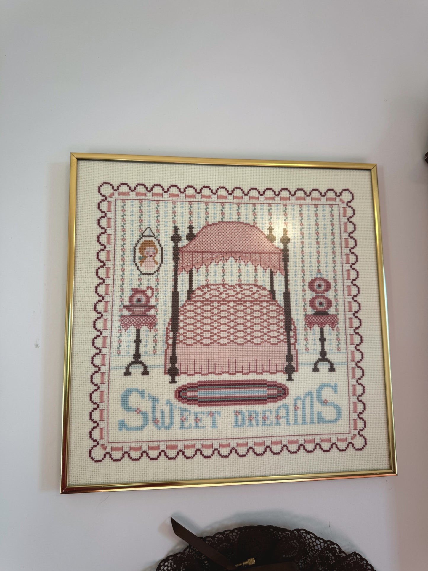 Vintage Framed Cross-Stitch (Needlepoint-Style) Wall Art – “Sweet Dreams” – 13” x 13”