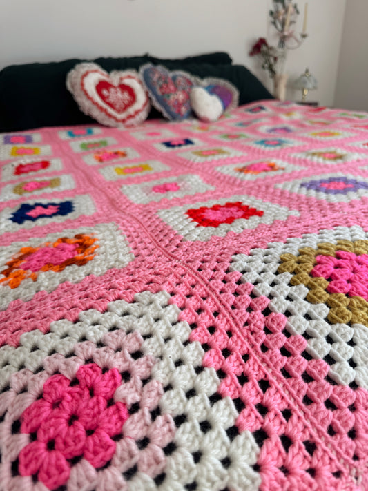 Vintage Hand-Crocheted Granny Square Blanket – Pink Patchwork Throw (82” x 82”)