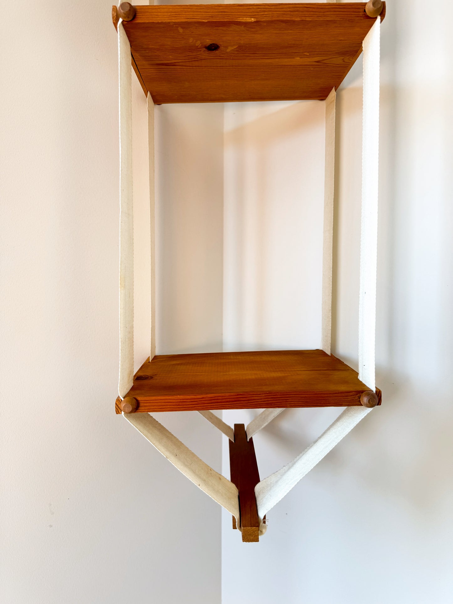 Vintage MCM Floating Canvas Hanging Shelf - Boho Hanging Plant Stand - 55" Tall