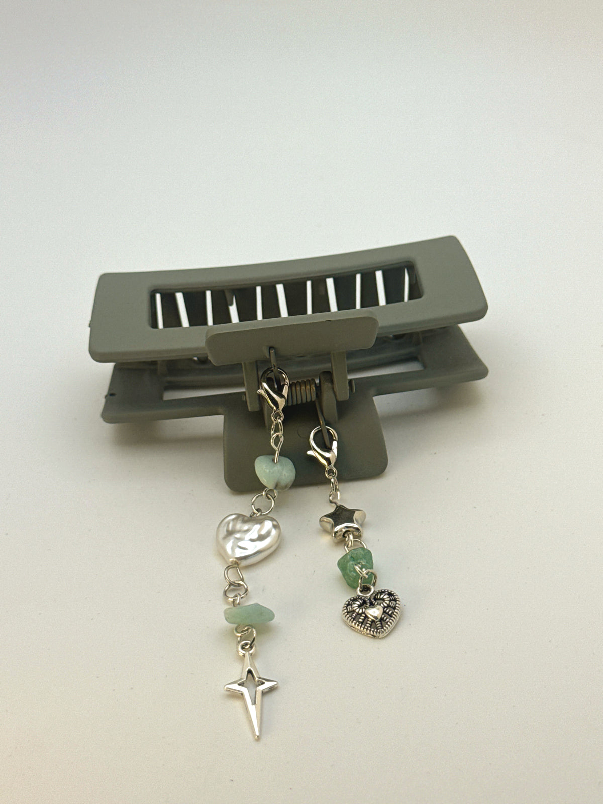 Sage Green Medium Claw Clip with Handmade Beaded Charms | Removable Charm Clip | 3.1”