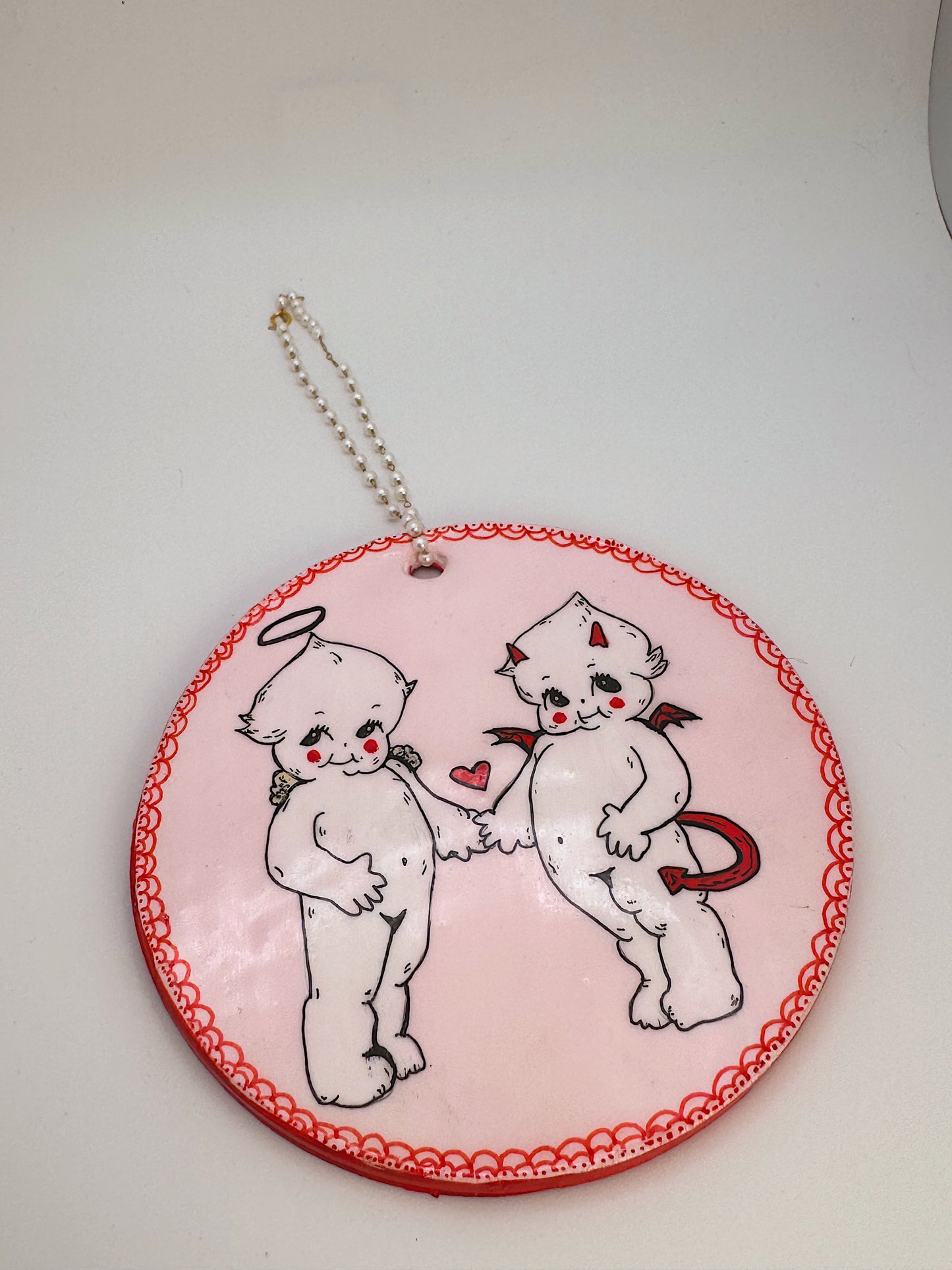 Angel & Devil Wall Hanging – Kewpie Inspired Handmade Pink Heart Décor with Pearl Hanger