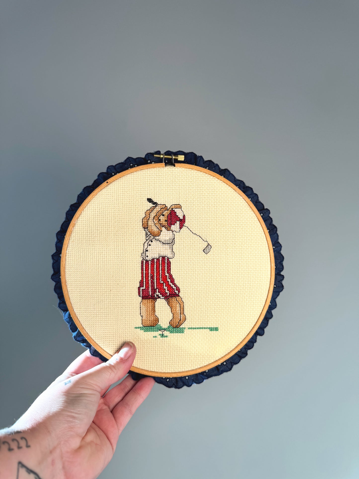 Vintage Golfing Bear Cross Stitch Wall Hanging | Framed Embroidery Hoop Art