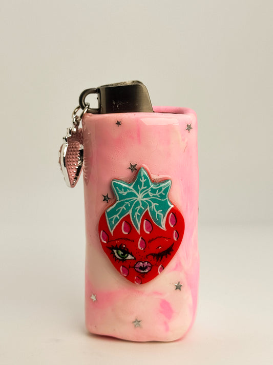 Sweet Strawberry Lighter Case w/ Charm | Fits Standard Bic | Handmade Polymer Clay Art