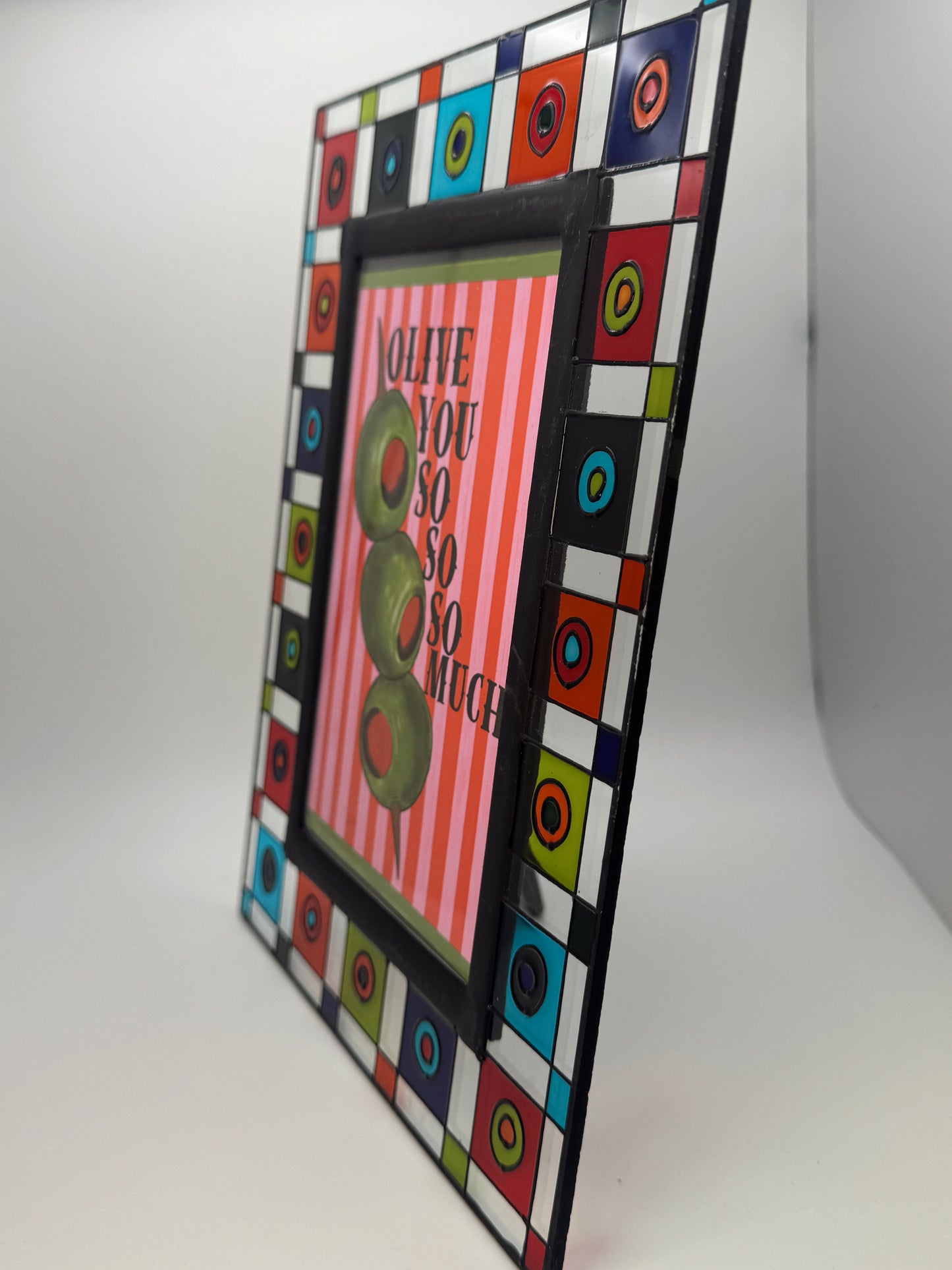 Vintage Stained Glass Picture Frame with “Olive You So Much” Art Print – 9” x 7”